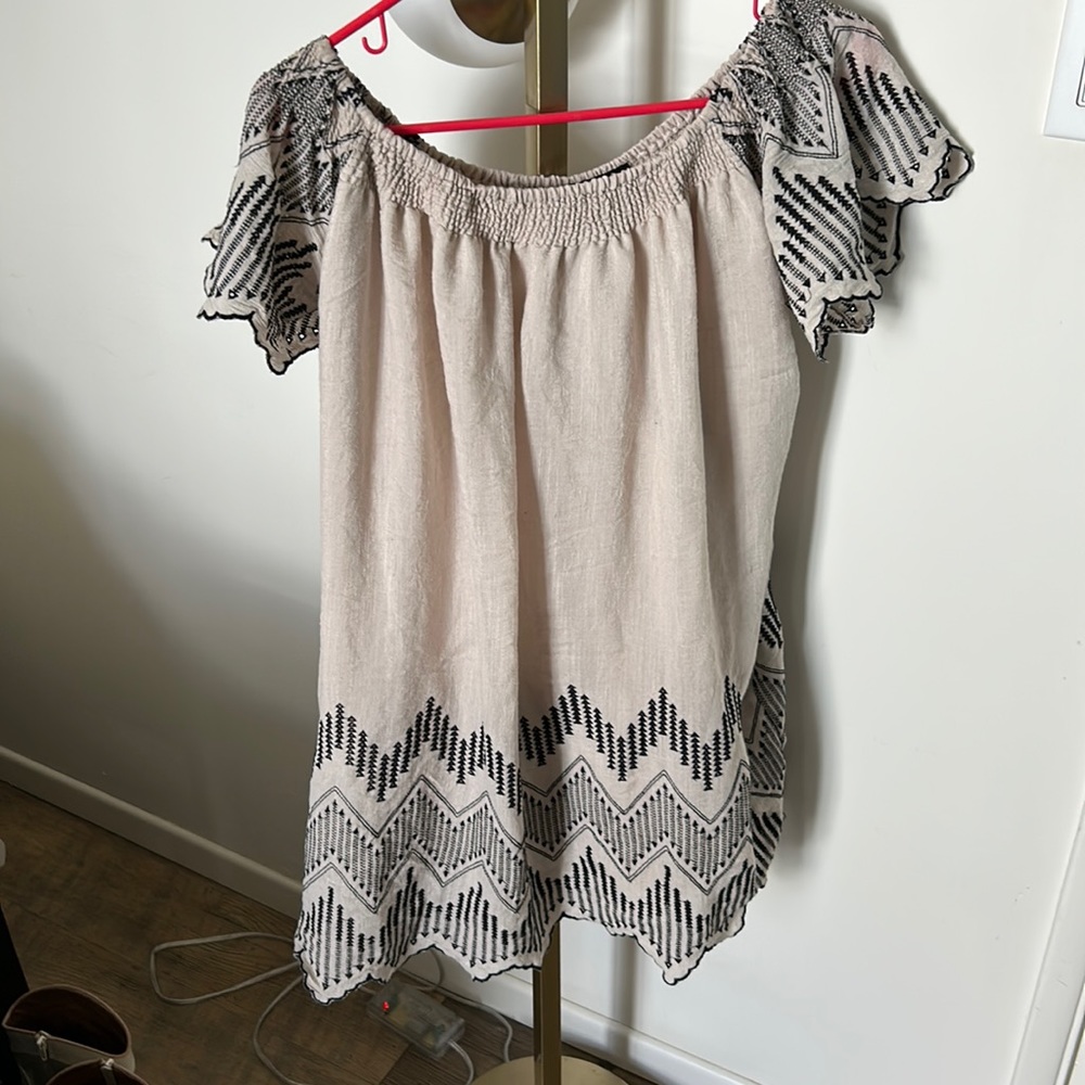 Cream color, off the shoulder dress